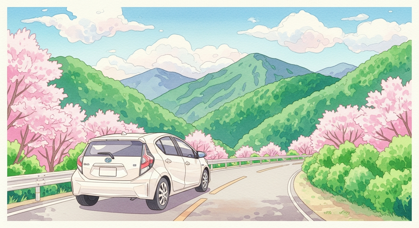 山道を走る車の水彩イラスト